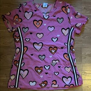 Heartsoul Hearts & Polka Dots Scrub Top - Pink/Black - Size M